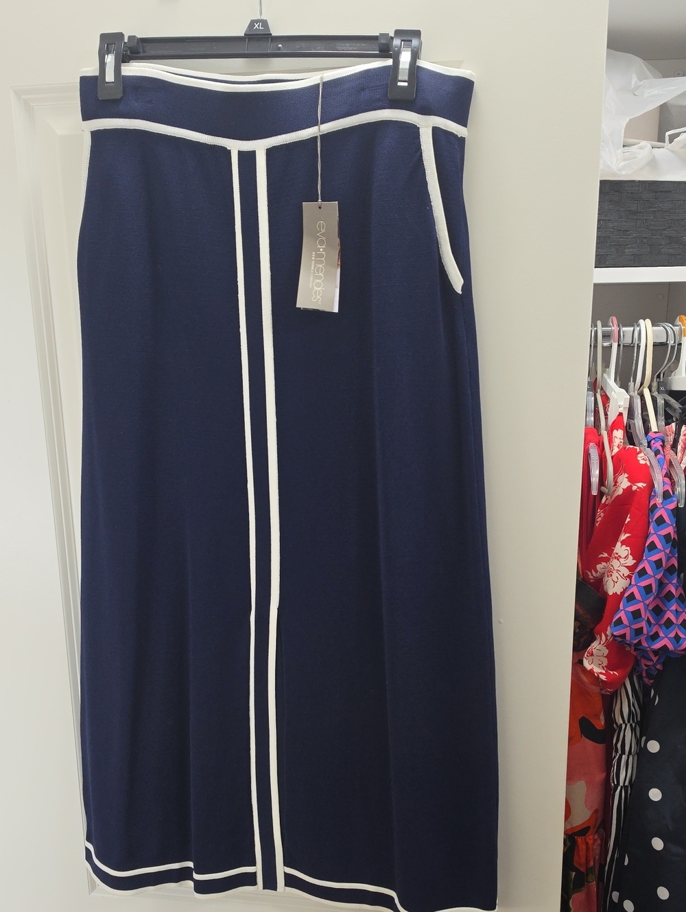Eva Mendes Navy Maxi Skirt with White Contrast Trim